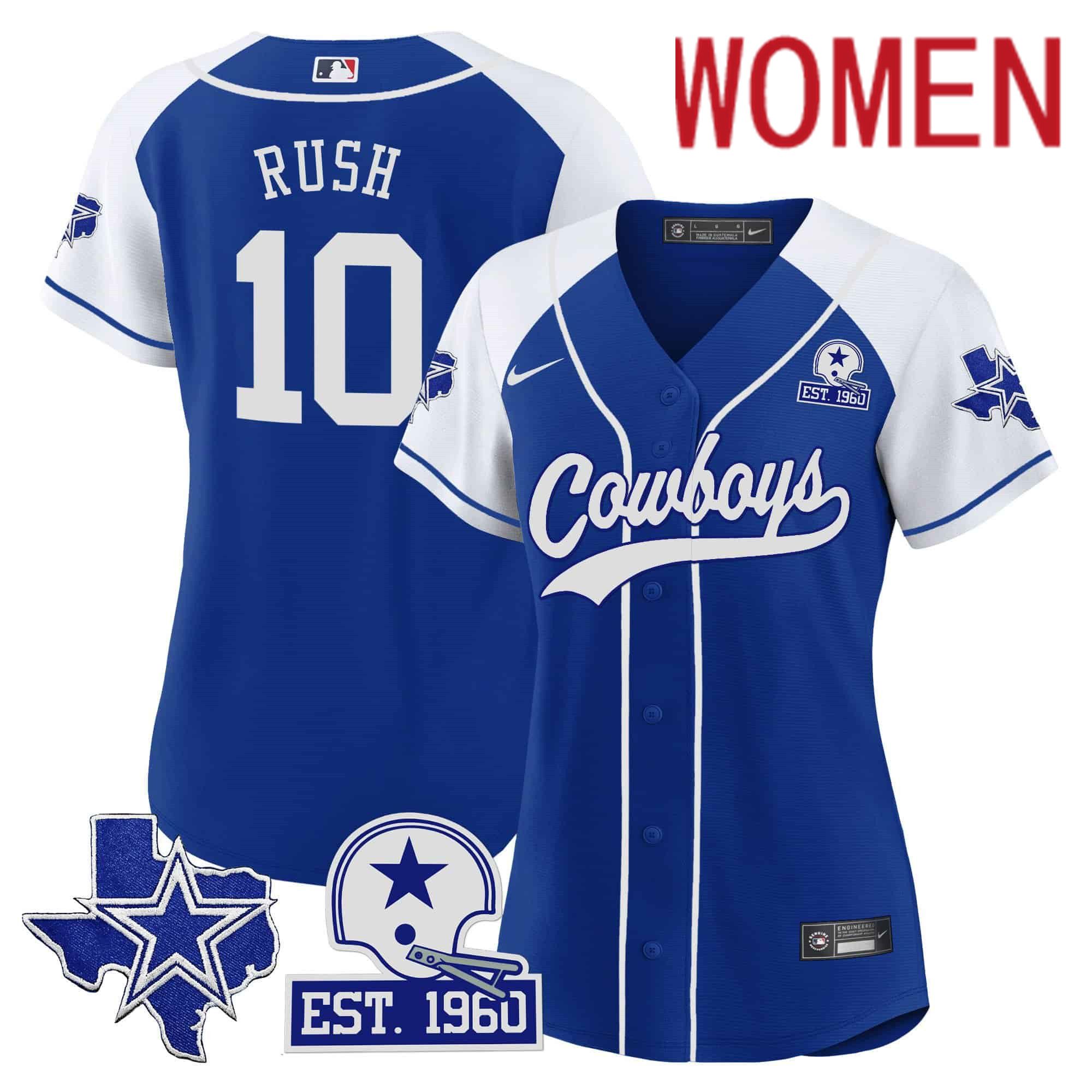 Women Dallas Cowboys #10 Rush Blue 2024 Nike Patch Baseball NFL Jersey style 1